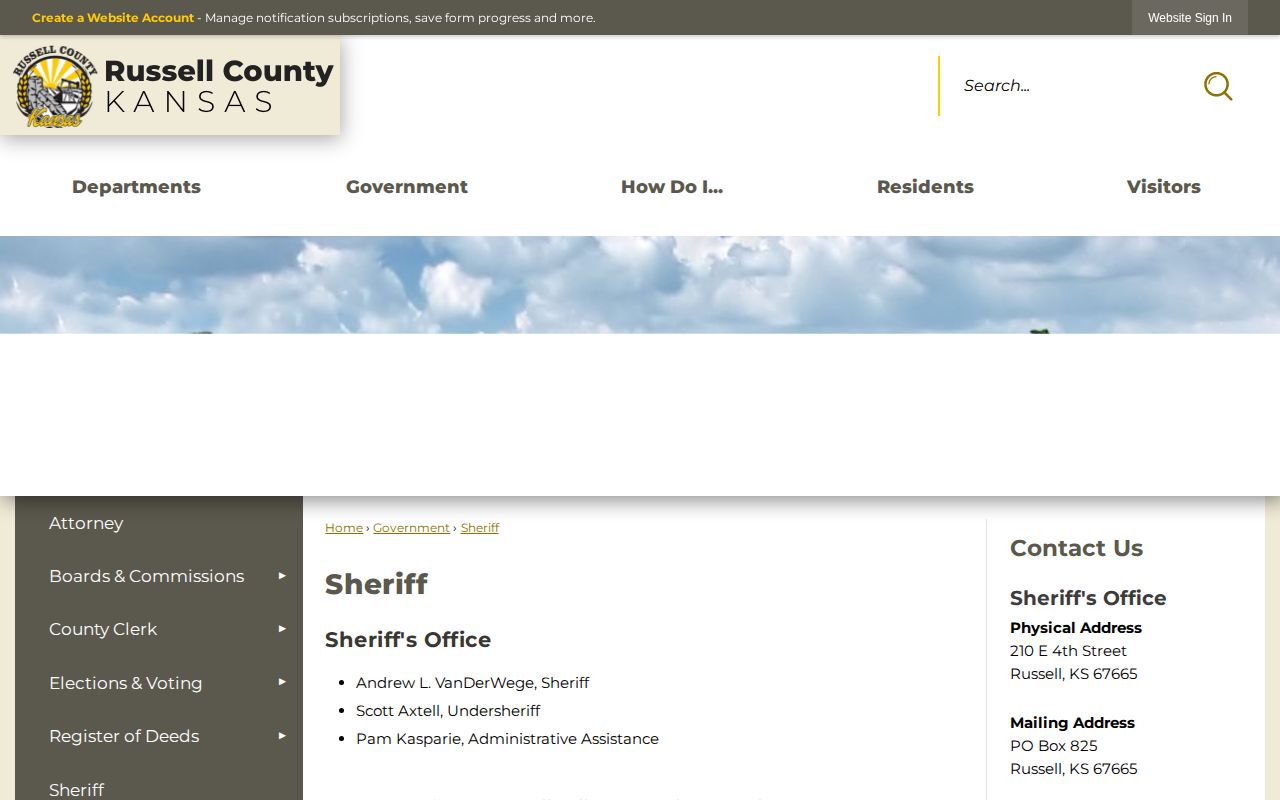 Russell County Sheriff official booking record contact page