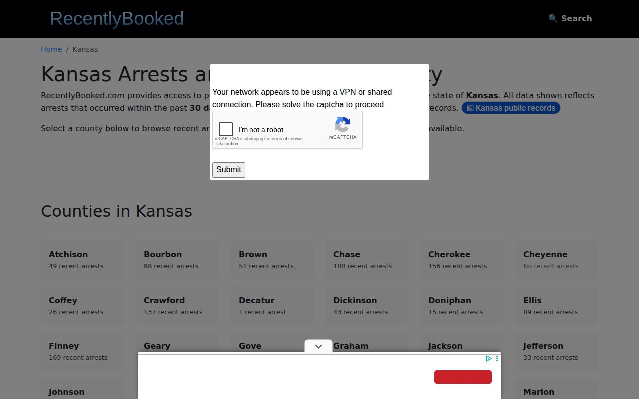 RecentlyBooked Kansas county index without Russell County